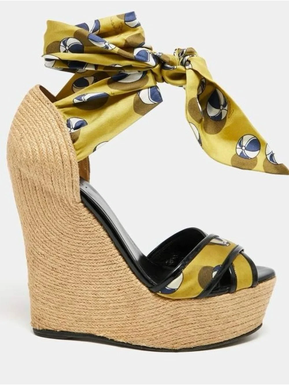 Gucci espadrille platform wedge sandals with silk scarf ankle ties